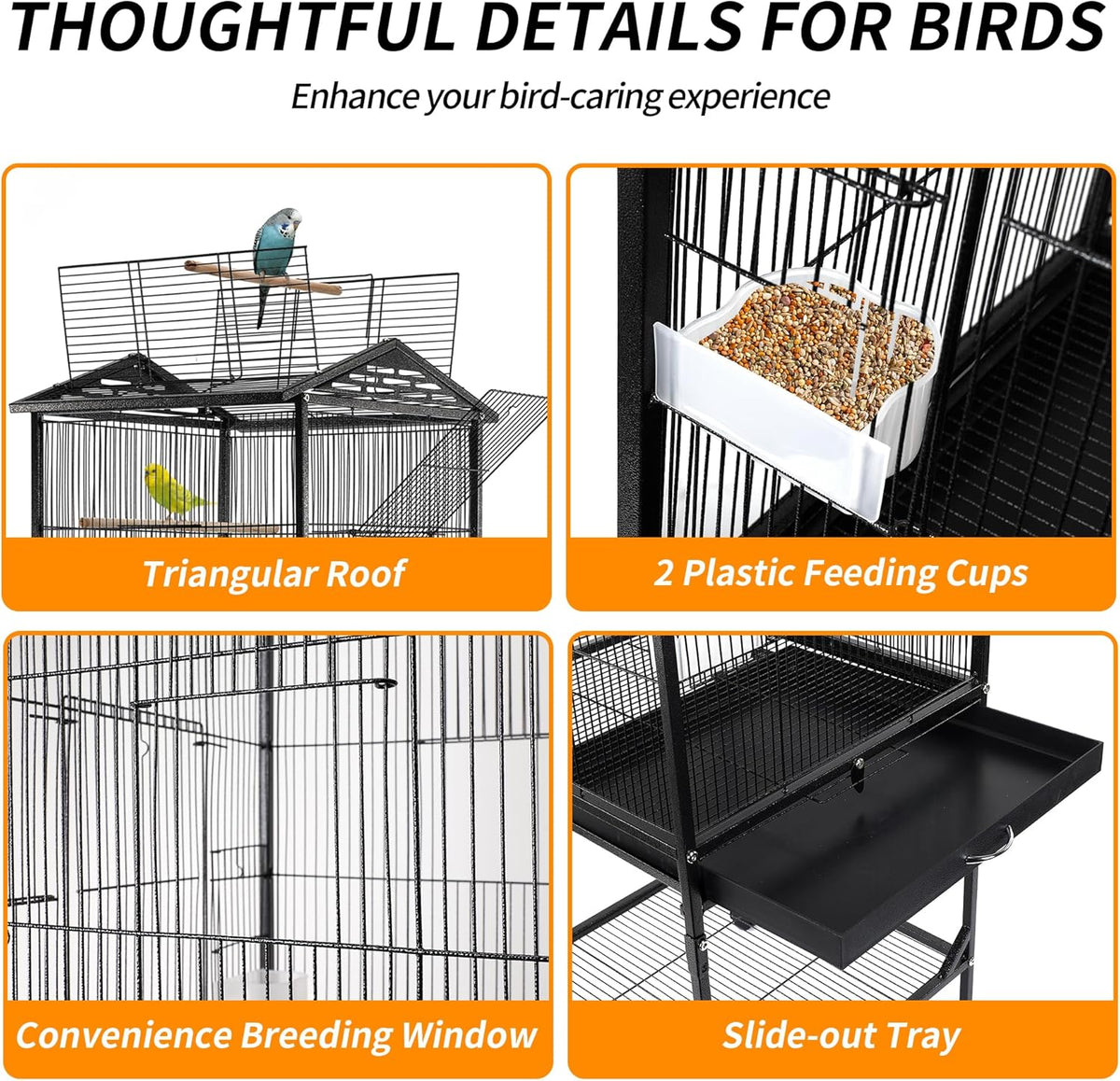 Bird Cage 47 inch Wrought Iron Parakeets Cage with Play Open Top and Rolling Stand Medium Small