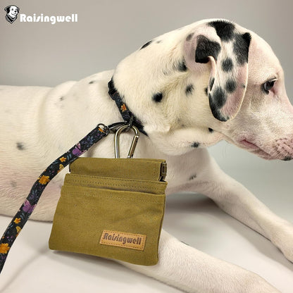 Dog Treat Pouch, Brown Pocket Sized Pet Training Pouch, Cotton Fabric, Hand Free Dog Walking Bag