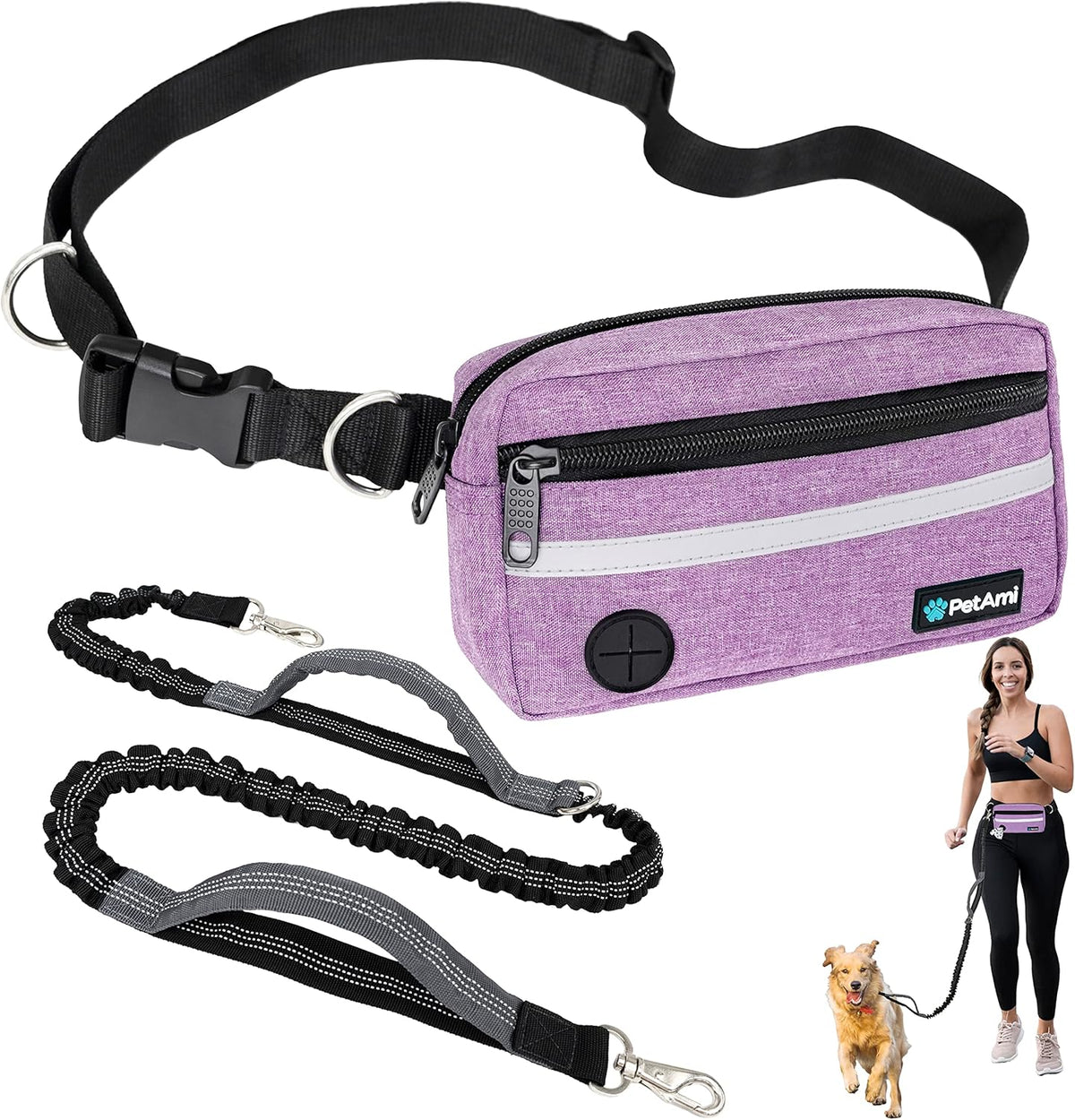 PetAmi Hands Free Dog Leash, Dog Running Leash Belt for Walking Jogging, Dog Waist Zipper Pouch