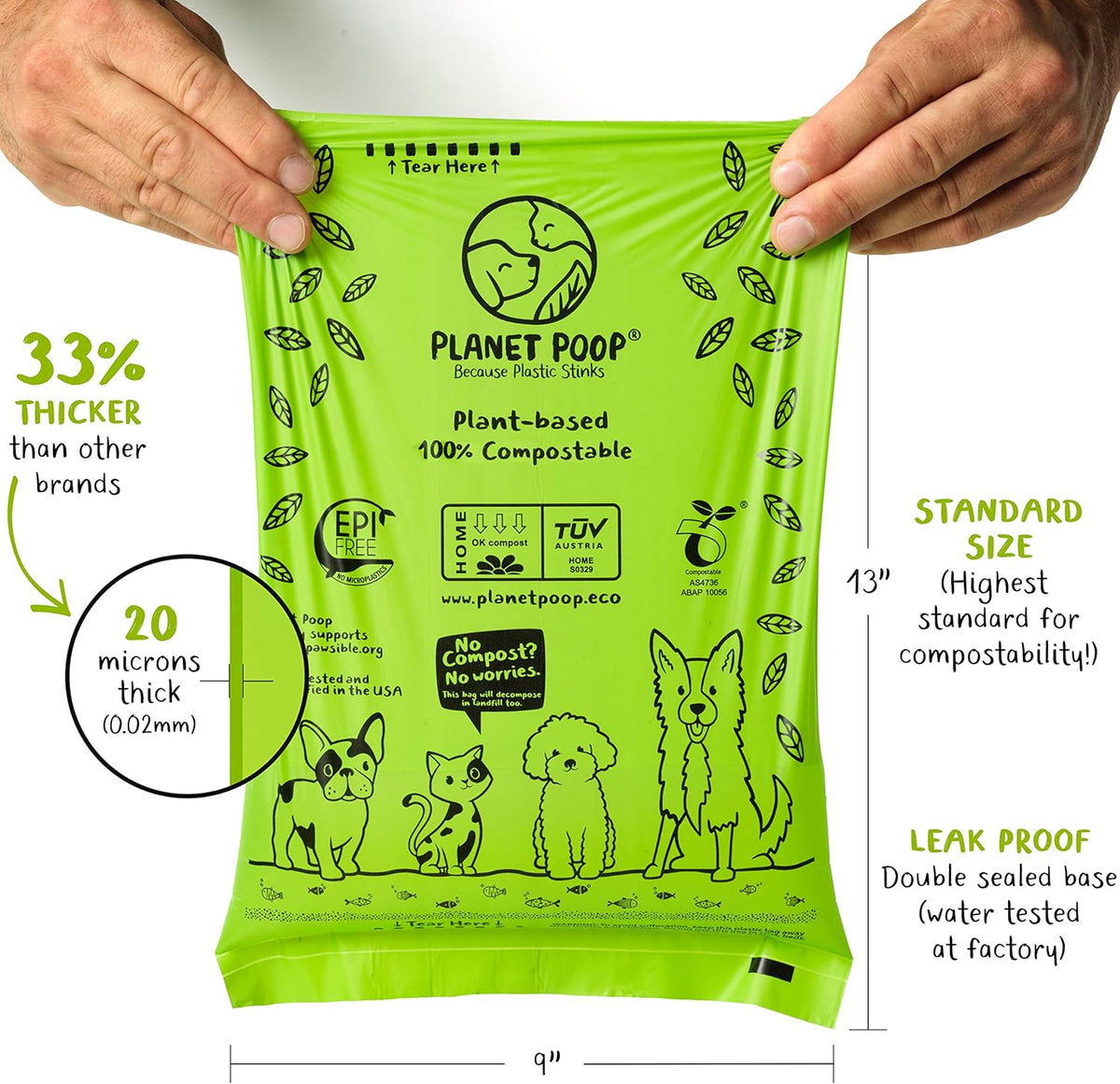 PLANET POOP Home Compostable Dog Poop Bags on Refill Rolls, 60 Un-Scented Pet Waste Bags, Thick