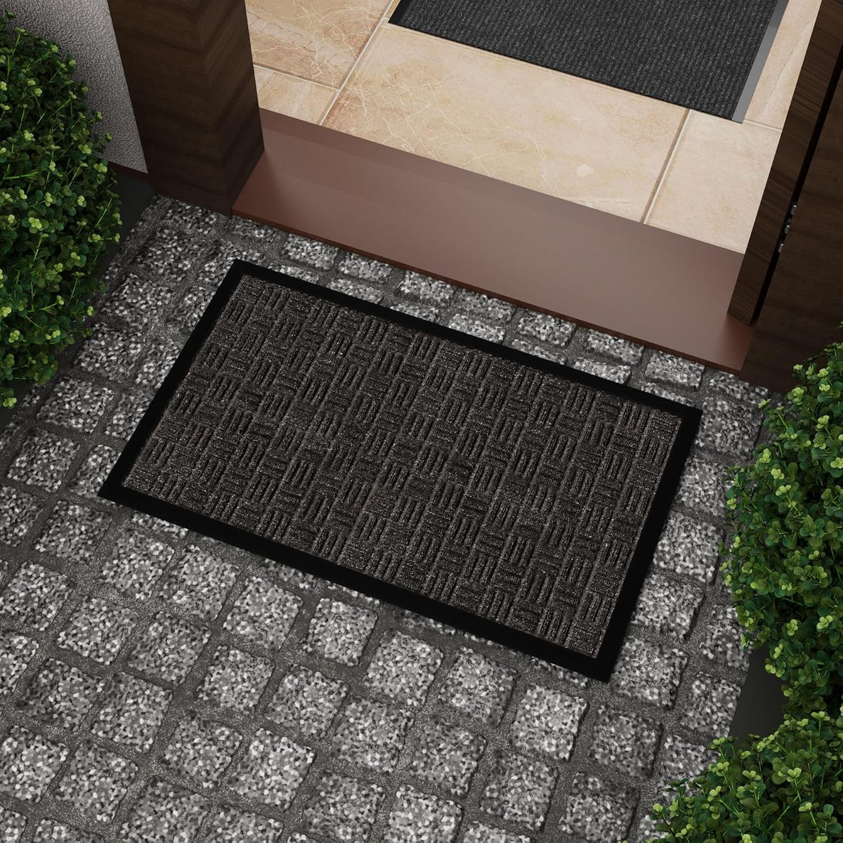 Indoor/Outdoor Hose-Wash Embossed Design Non-Slip Rubber 18" x 30" Modern Entryway Mat for