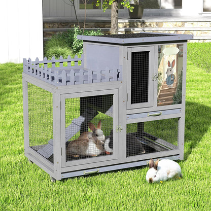Wood Rabbit Hutch with Balcony - Small Animal House Bunny Cage on Wheels for Indoor Outdoor, Rabbit