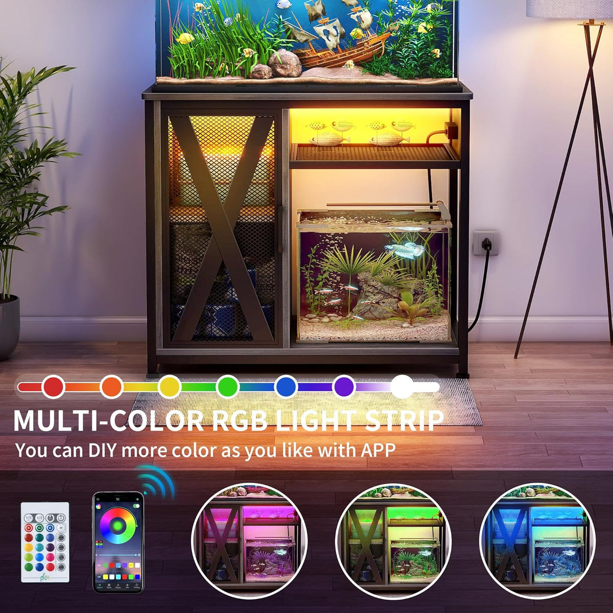 DWVO 40-50 Gallon Aquarium Stand with Power Outlets & LED Light, Cabinet for Fish Tank Accessories