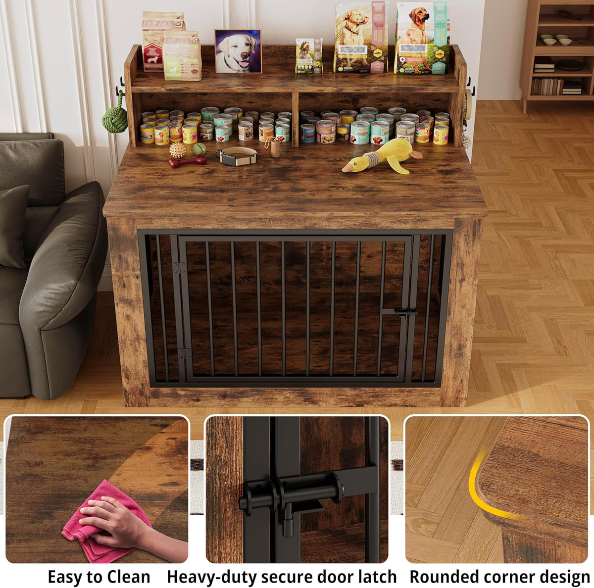 IRONCK Extra Large Dog Crate Furniture, 43.3 inches Wooden Dog Crate with Storage and 4 Hooks