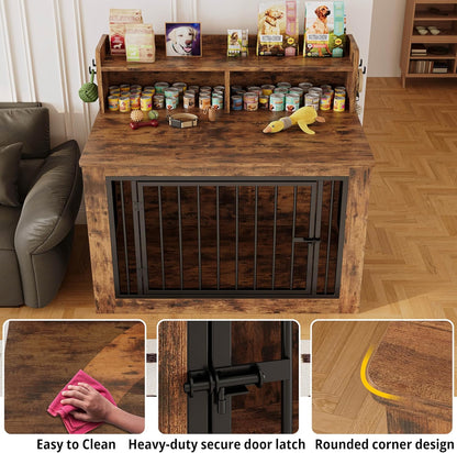 IRONCK Extra Large Dog Crate Furniture, 43.3 inches Wooden Dog Crate with Storage and 4 Hooks