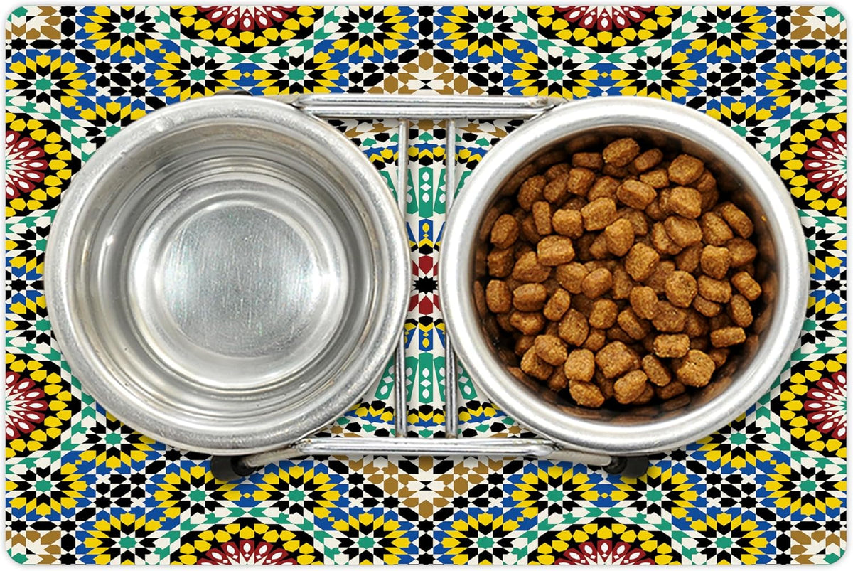Lunarable Moroccan Pet Mat for Food and Water, Architectural Glaze Wall Tile Ceramic Historical