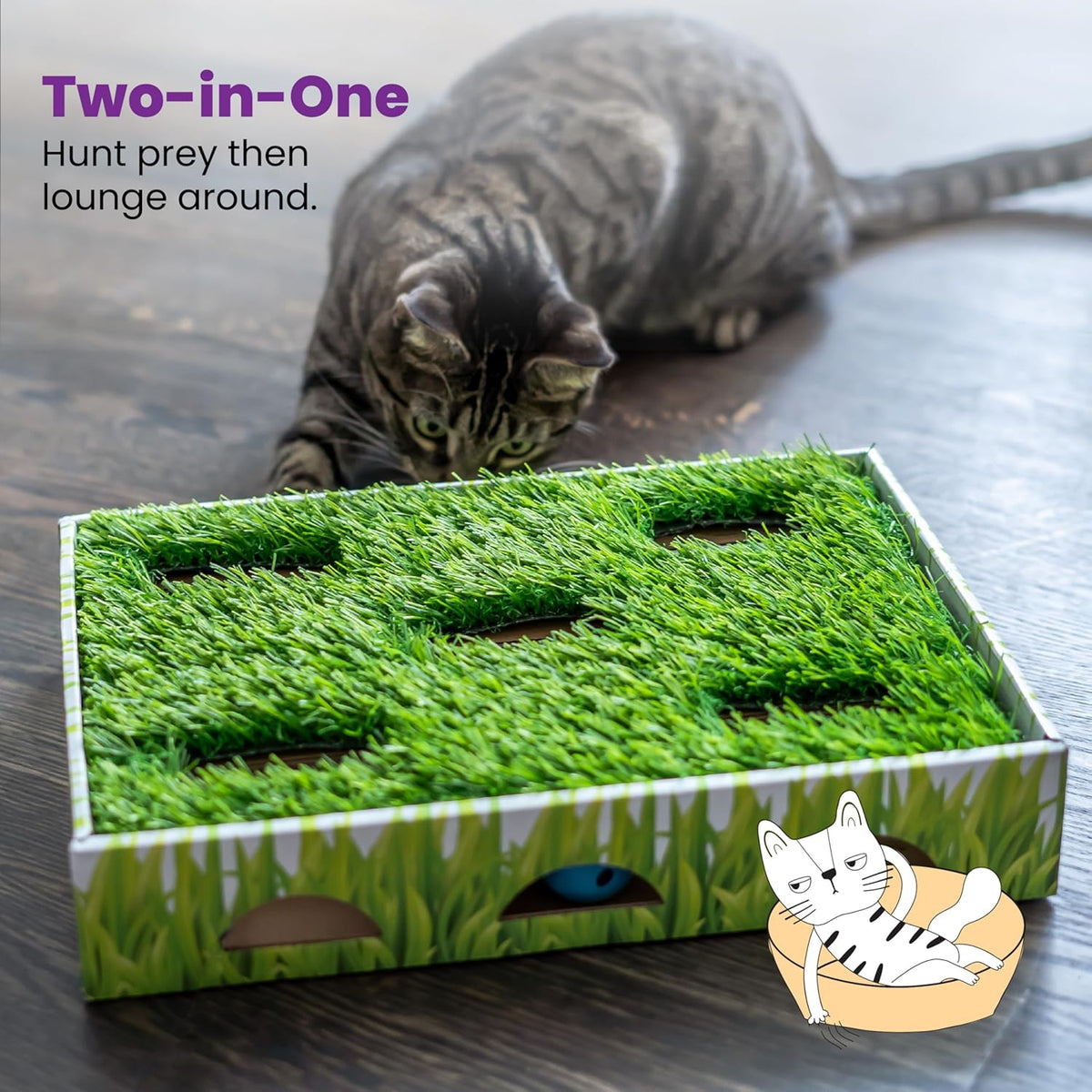Catstages Grass Patch Hunting Box Interactive Bat & Swat Game for Indoor Cats, 3 Jingle Balls