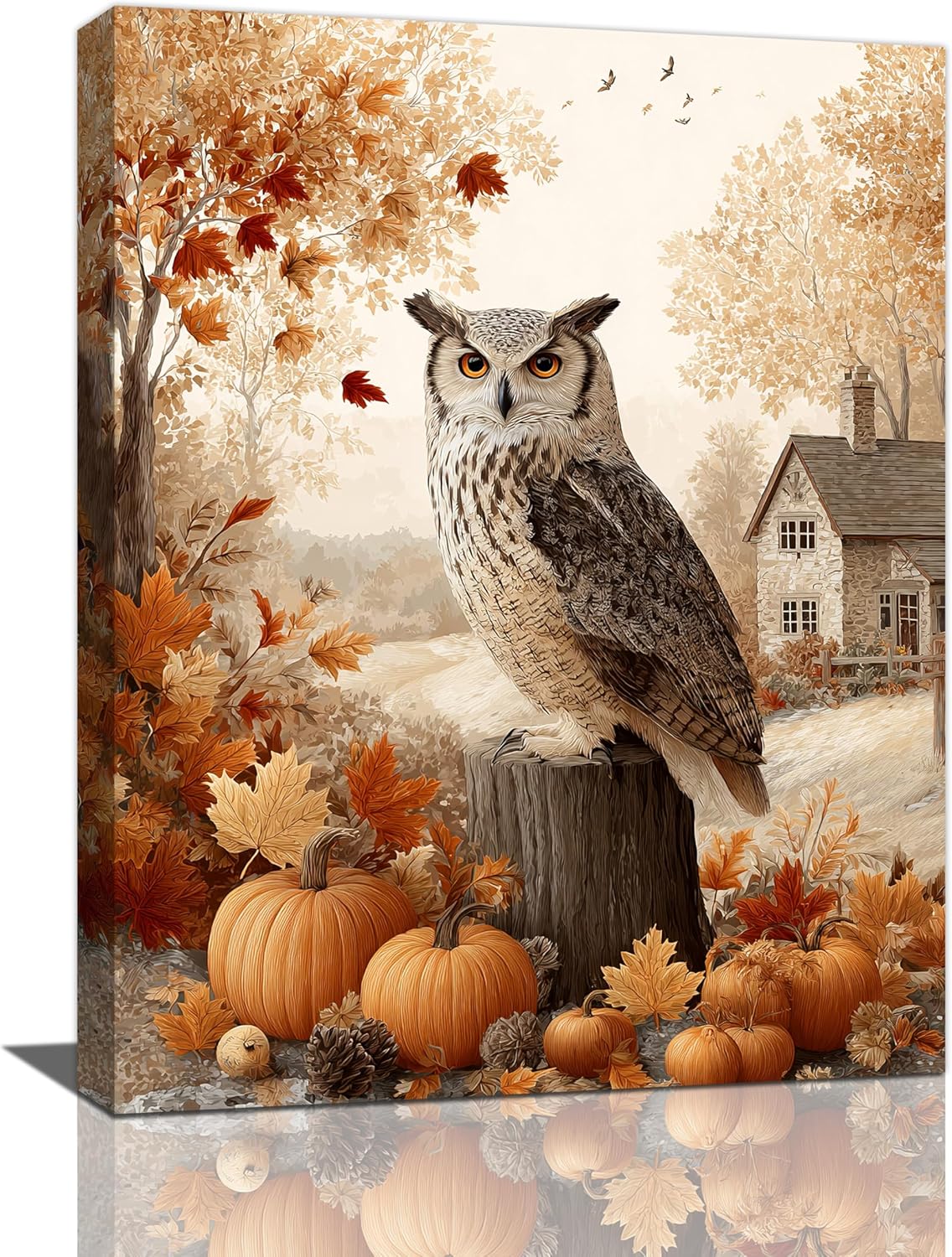 Fall Owl Wall Art Autumn Pumpkin Leaves Wall Decor Rustic Canvas Print Farmhouse Pictures Painting