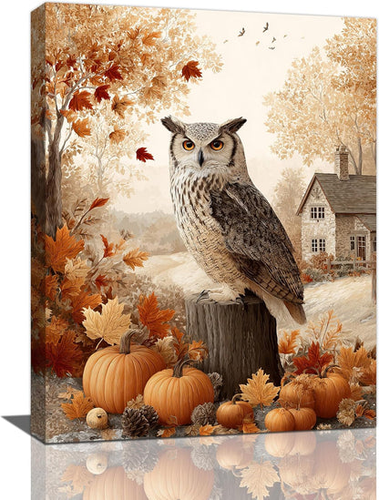Fall Owl Wall Art Autumn Pumpkin Leaves Wall Decor Rustic Canvas Print Farmhouse Pictures Painting