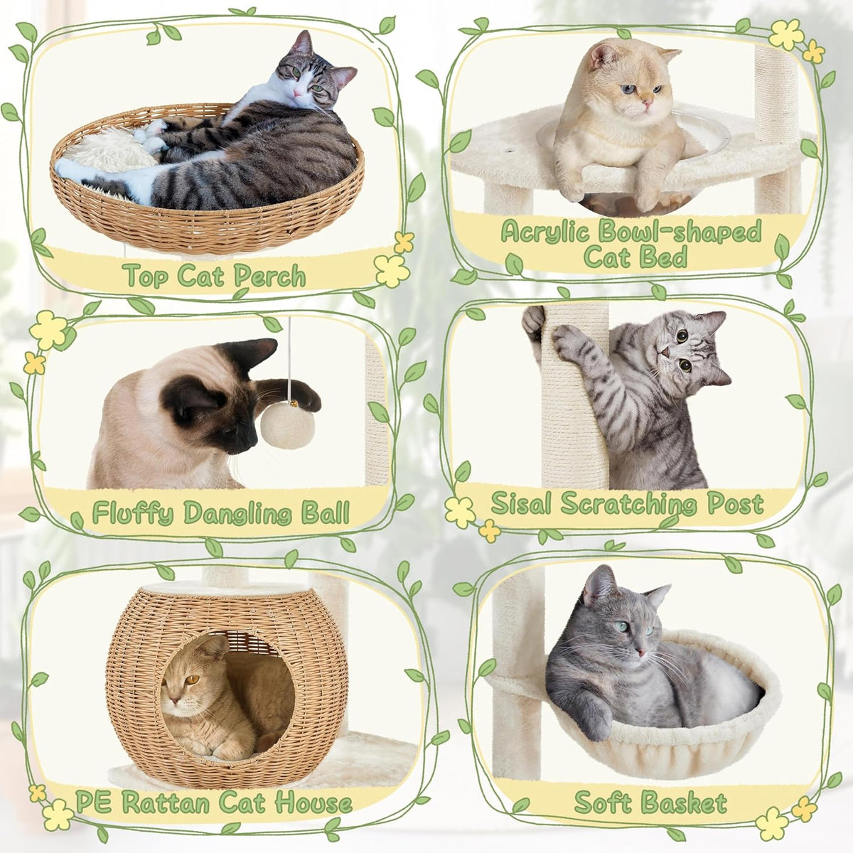 Yaheetech 54in Rattan Cat Tree, Modern Tower with Breathable Woven Condo, Scratching Posts &