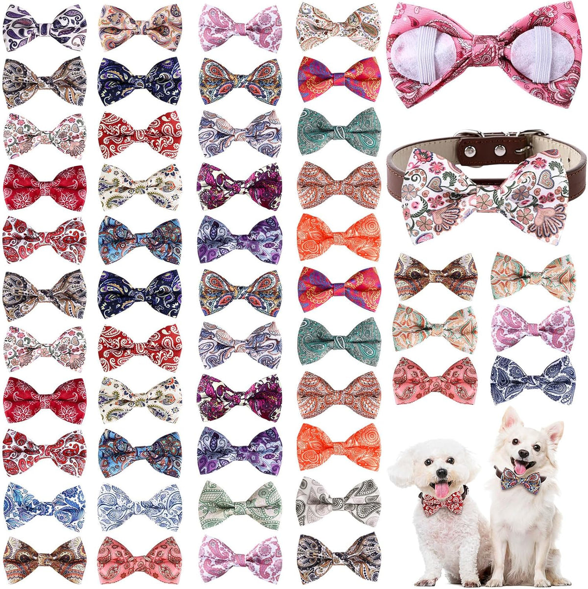 Reginary 50 Pieces Dog Bow Ties Pet Collar Bow Puppy Collar Attachment with Rubber Bands for Small