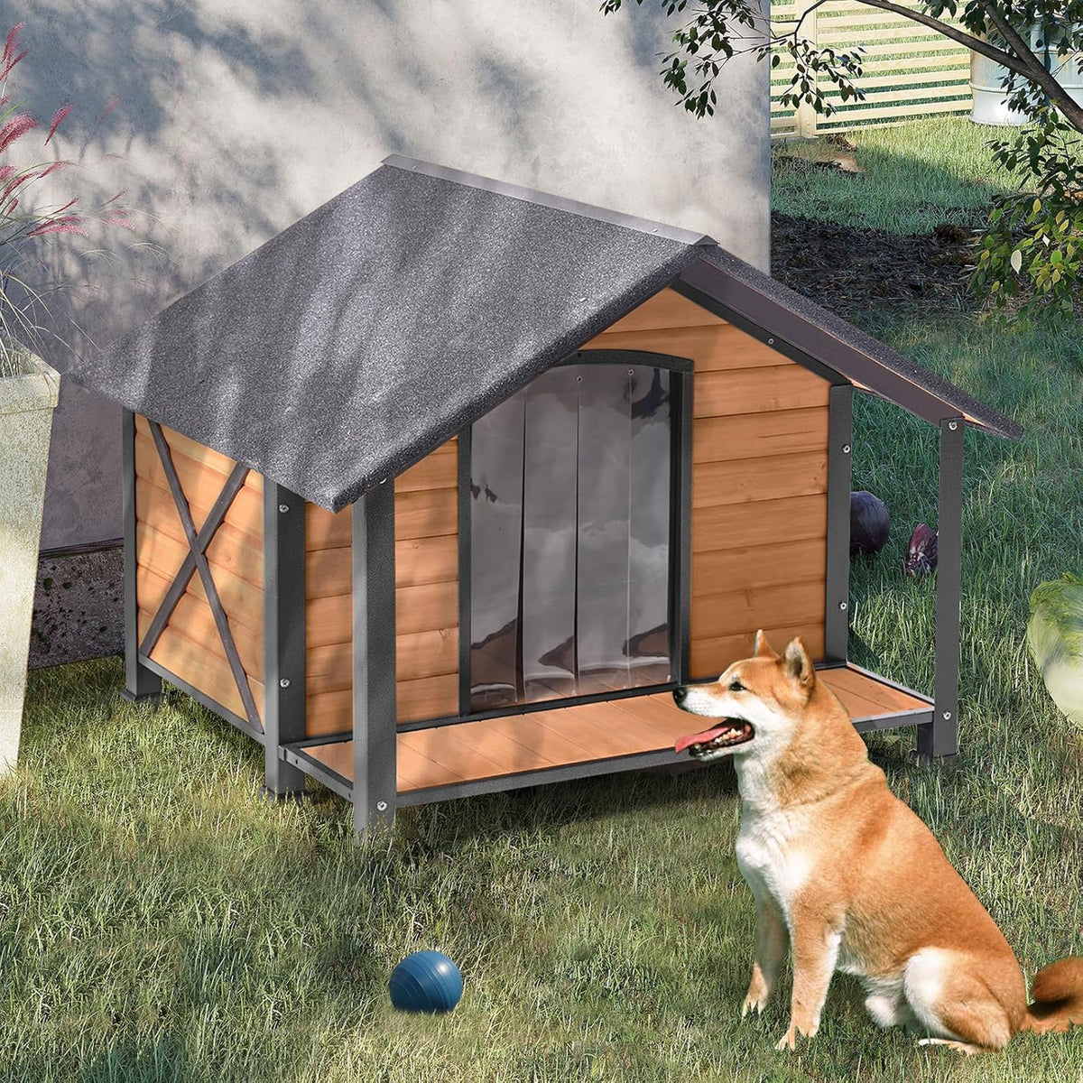 Outdoor Dog House,Weatherproof Wooden Dog Shelter for Medium to Large Sized Dogs,Iron Frame Indoor