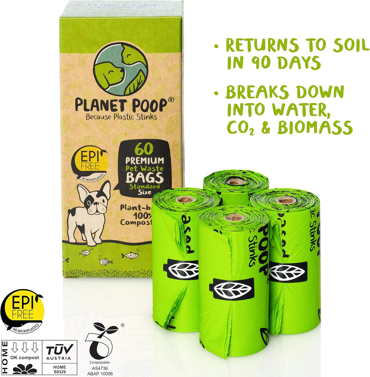 PLANET POOP Home Compostable Dog Poop Bags on Refill Rolls, 60 Un-Scented Pet Waste Bags, Thick