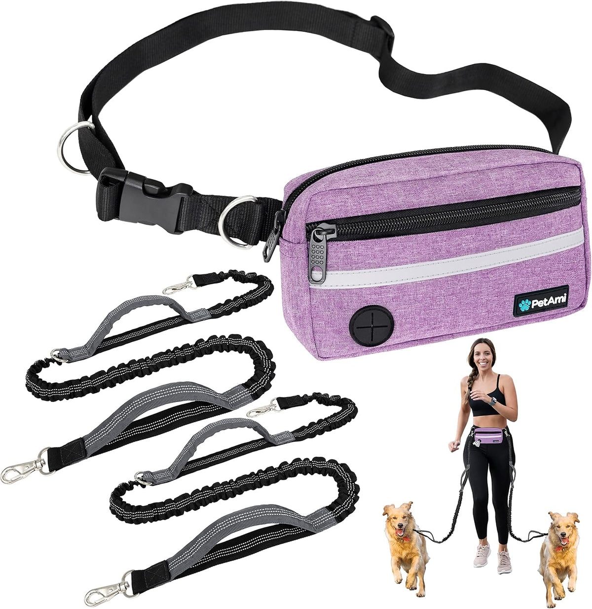 PetAmi Hands Free Dog Leash, Dog Running Leash Belt for Walking Jogging, Dog Waist Zipper Pouch