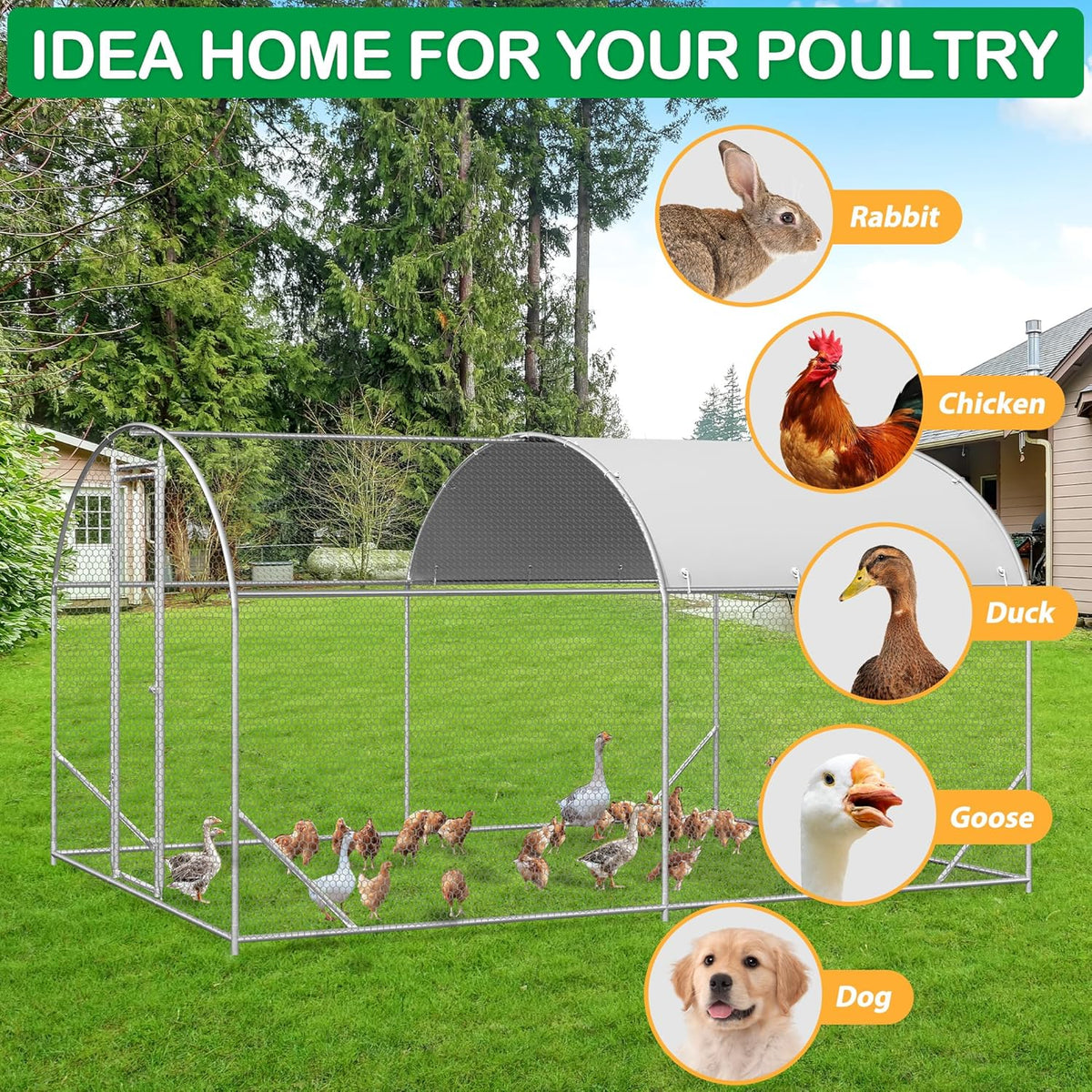 Large Metal Chicken Coop, Walk-in Chicken Run Pen with Waterproof Cover, Dome Roof Poultry Cage for