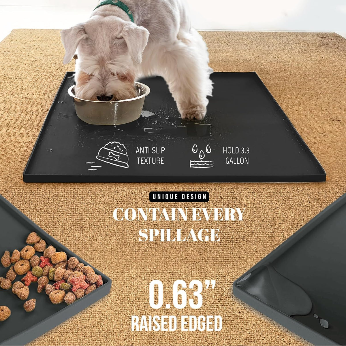 AVERYDAY 18x10'' Silicone Dog Mat for Food and Water, 0.63'' Edge Dog Food Bowl Mats for Floor