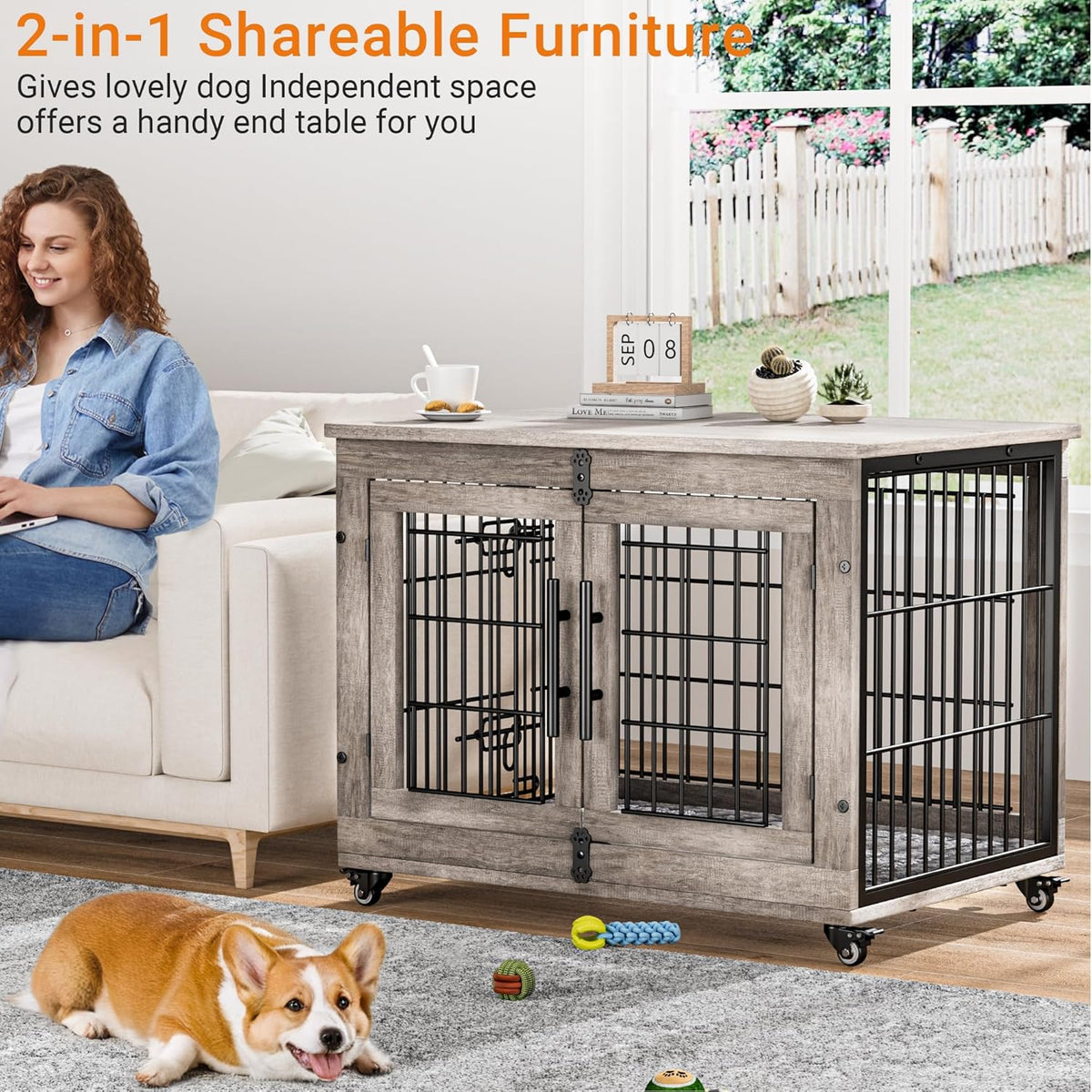 Lulive Dog Crate Furniture for Medium Dogs, 32'' Dog Kennel Indoor with Cushion & Wheels Wooden Dog