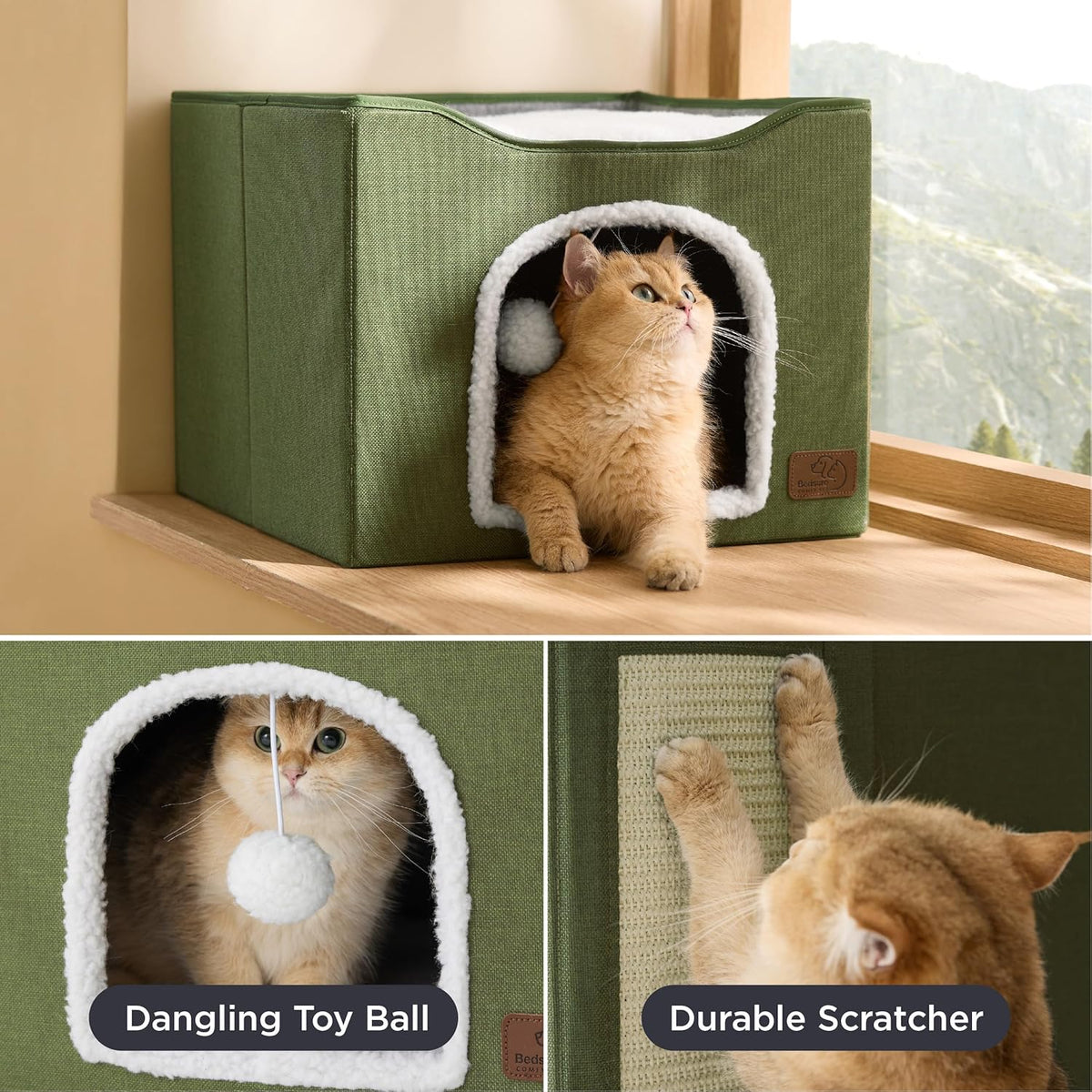Bedsure Cat Beds for Indoor Cats - Large Cat Cave for Pet Cat House with Fluffy Ball Hanging and