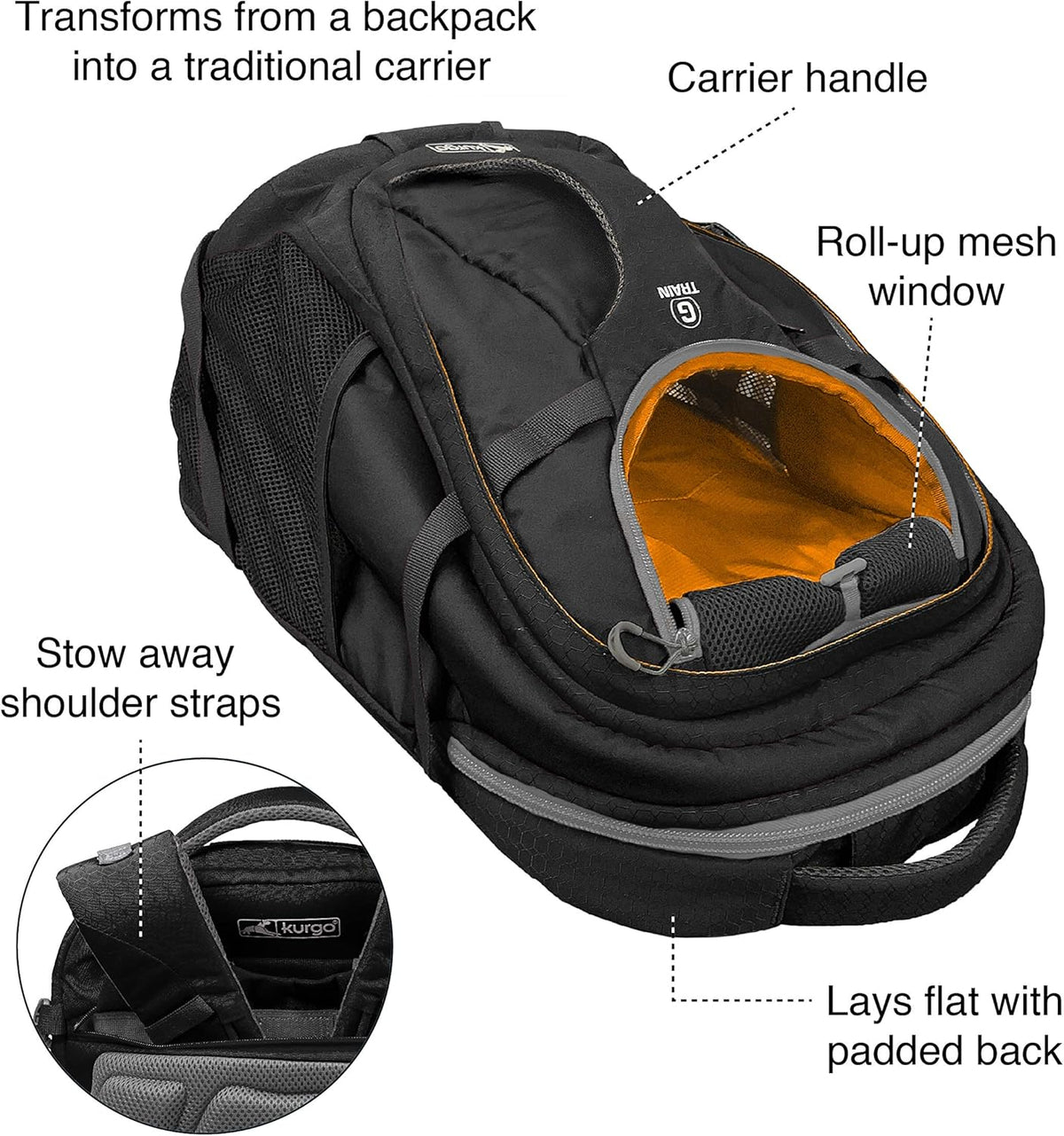 Kurgo G-Train - Dog Carrier Backpack for Small Pets - Cat & Dog Backpack for Hiking, Camping or
