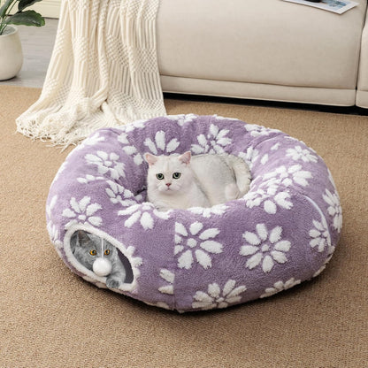 Cat Tunnel for Indoor Cats, Cute Peekaboo Cat Cave with Dangling Balls, Pet Donut Tunnel Bed with