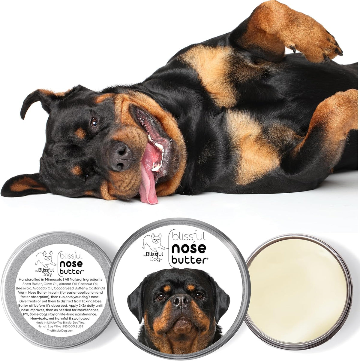 The Blissful Dog Rottweiler Nose Butter for Dry, Cracked Skin, Lick-Safe Dog Nose Balm with