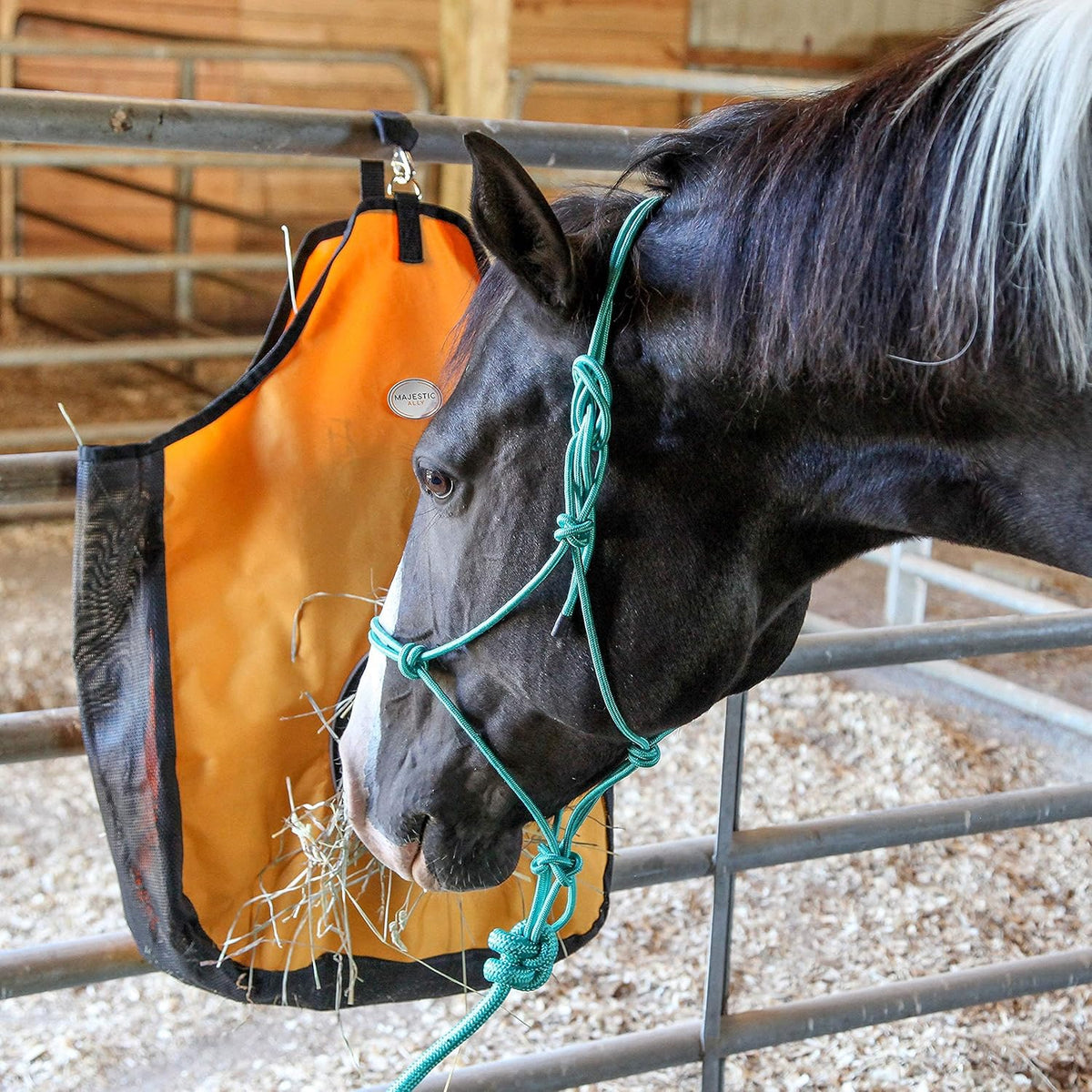 Majestic Ally 1200 D Hay Feeder Tote Bag for Horses, Sheep with Reflective Trim- Reduces Waste