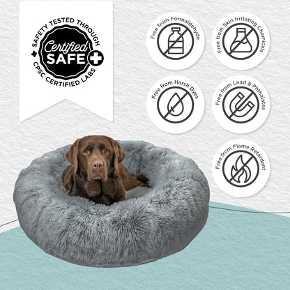Best Friends by Sheri Original Calming Donut Dog and Cat Bed, Shag Faux Fur, Gray, (36in x 36in)