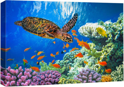 wall26 Canvas Print Wall Art Vibrant Neon Underwater Turtle, Reef & Fish Nature Animals Photography