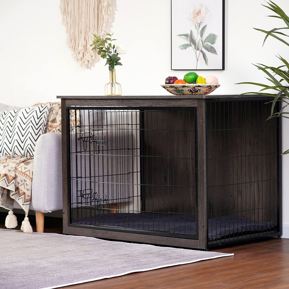 DWANTON Dog Crate Furniture with Cushion, Wooden Kennel Table with Double Doors, Indoor Dog House