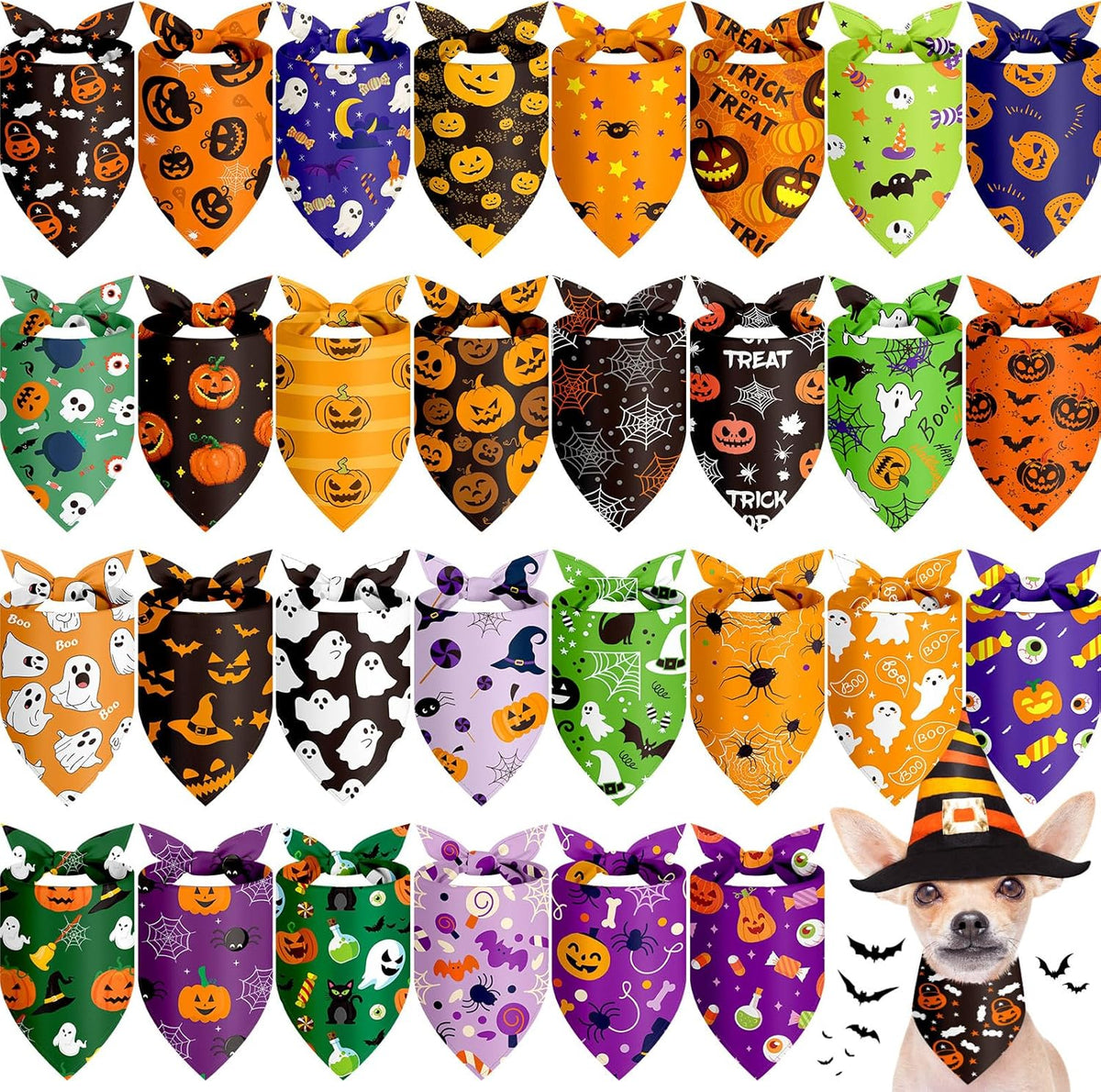 Chunful 30 Pcs Halloween Dog Bandanas Bulk Triangle Bandanas for Dogs Grooming with Pumpkin Ghost