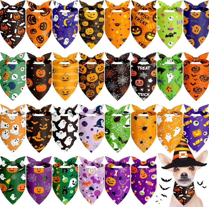 Chunful 30 Pcs Halloween Dog Bandanas Bulk Triangle Bandanas for Dogs Grooming with Pumpkin Ghost