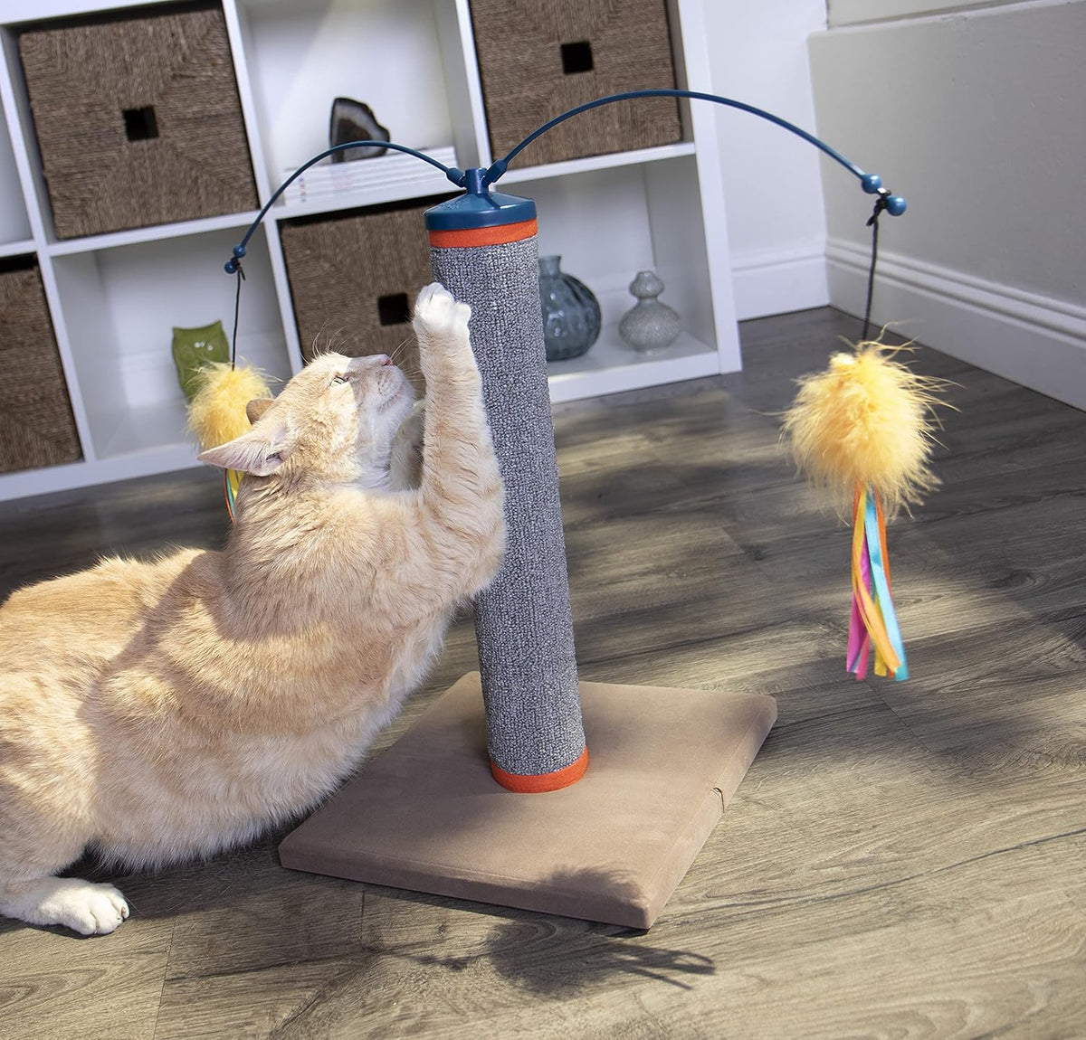 SmartyKat Scratch 'N Spin Carpet Cat Scratching Post with 2 Spinning Wand Toys, Plus 2 Replacement