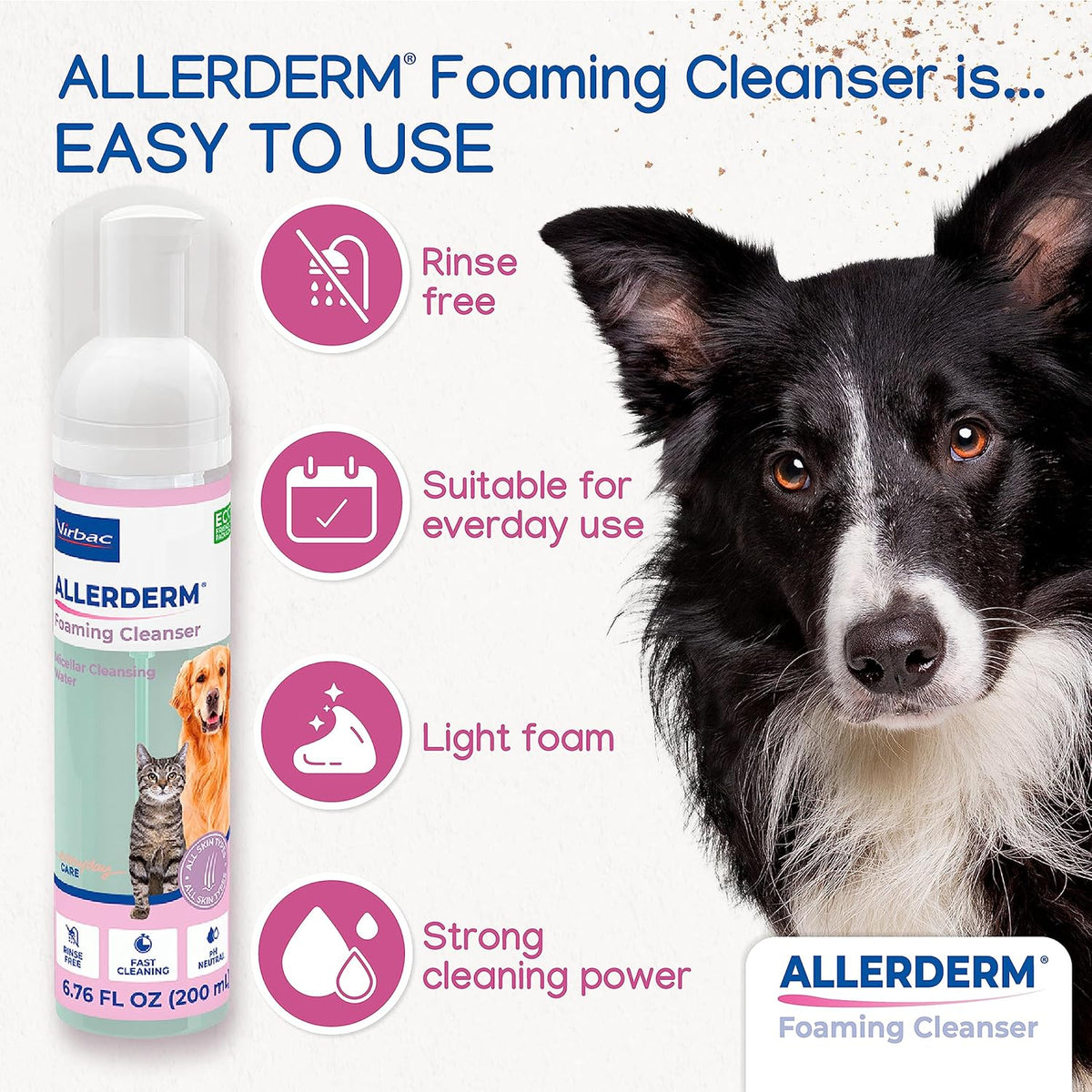 ALLERDERM Foaming Cleanser- Rinse-Free Waterless Micellar Foam for Dogs and Cats with Sensitive