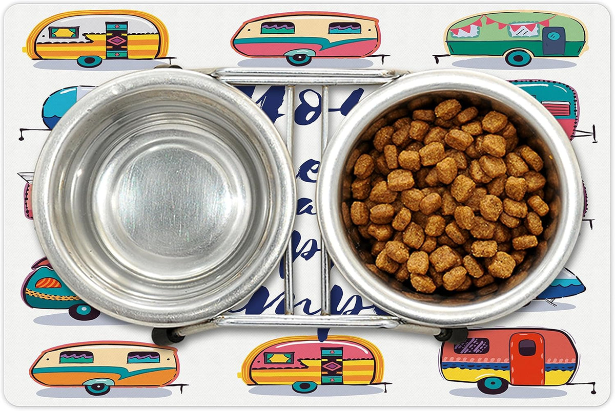Lunarable Camper Pet Mat for Food and Water, You Make Me Happy Motivational Words Caravans Retro
