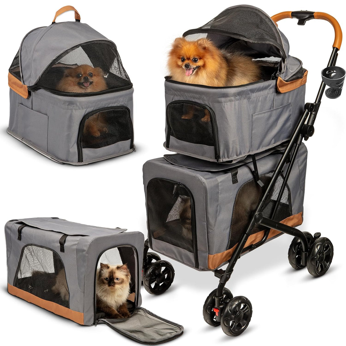 Double Pet Stroller with Detachable Carriers - Ideal for 2 Dogs or Cats - Compact & Convenient