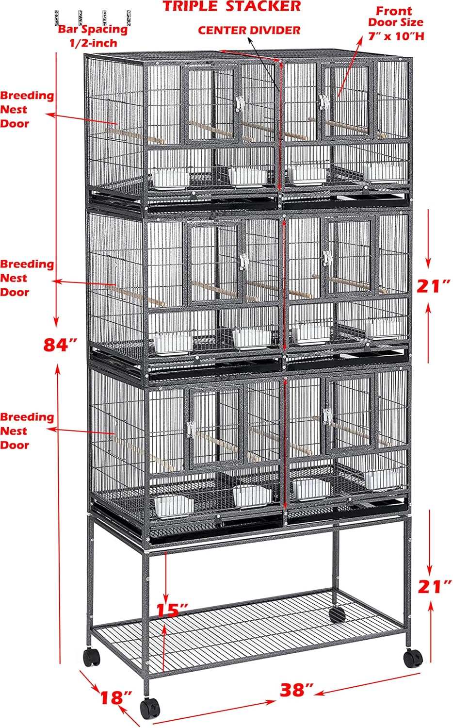 Triple Stackable Center Divided Breeder Breeding Bird Flight Double Rolling Cage Side Nesting Doors