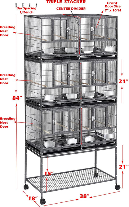 Triple Stackable Center Divided Breeder Breeding Bird Flight Double Rolling Cage Side Nesting Doors