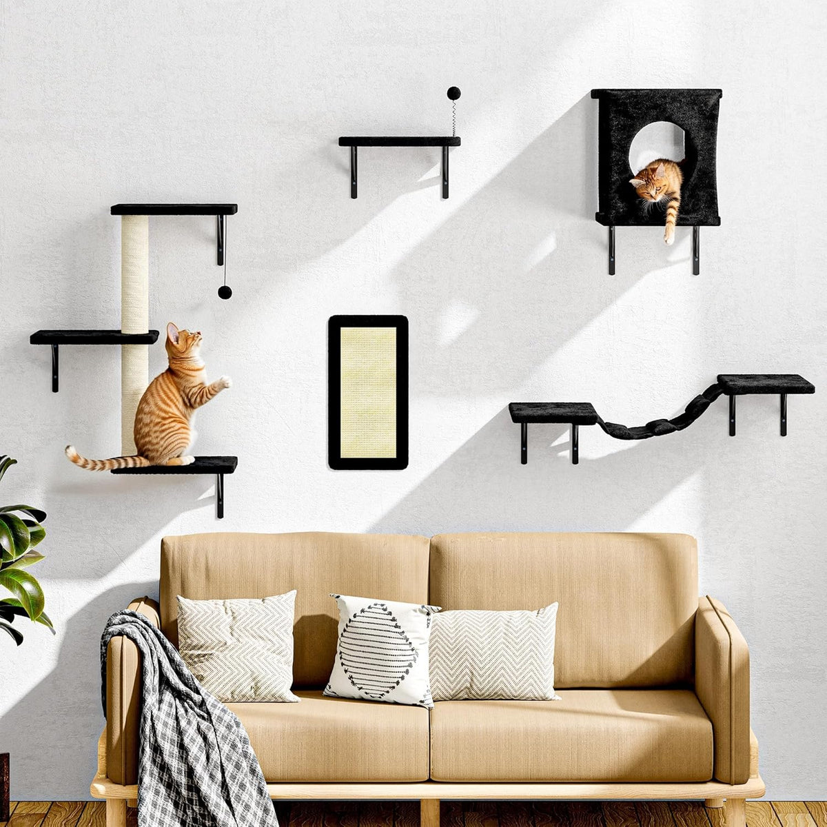 NUNU LAB Wall Mounted Cat Furniture, 5 Pcs Cat Wall Shelves with House, Bridge, Steps, Scratching