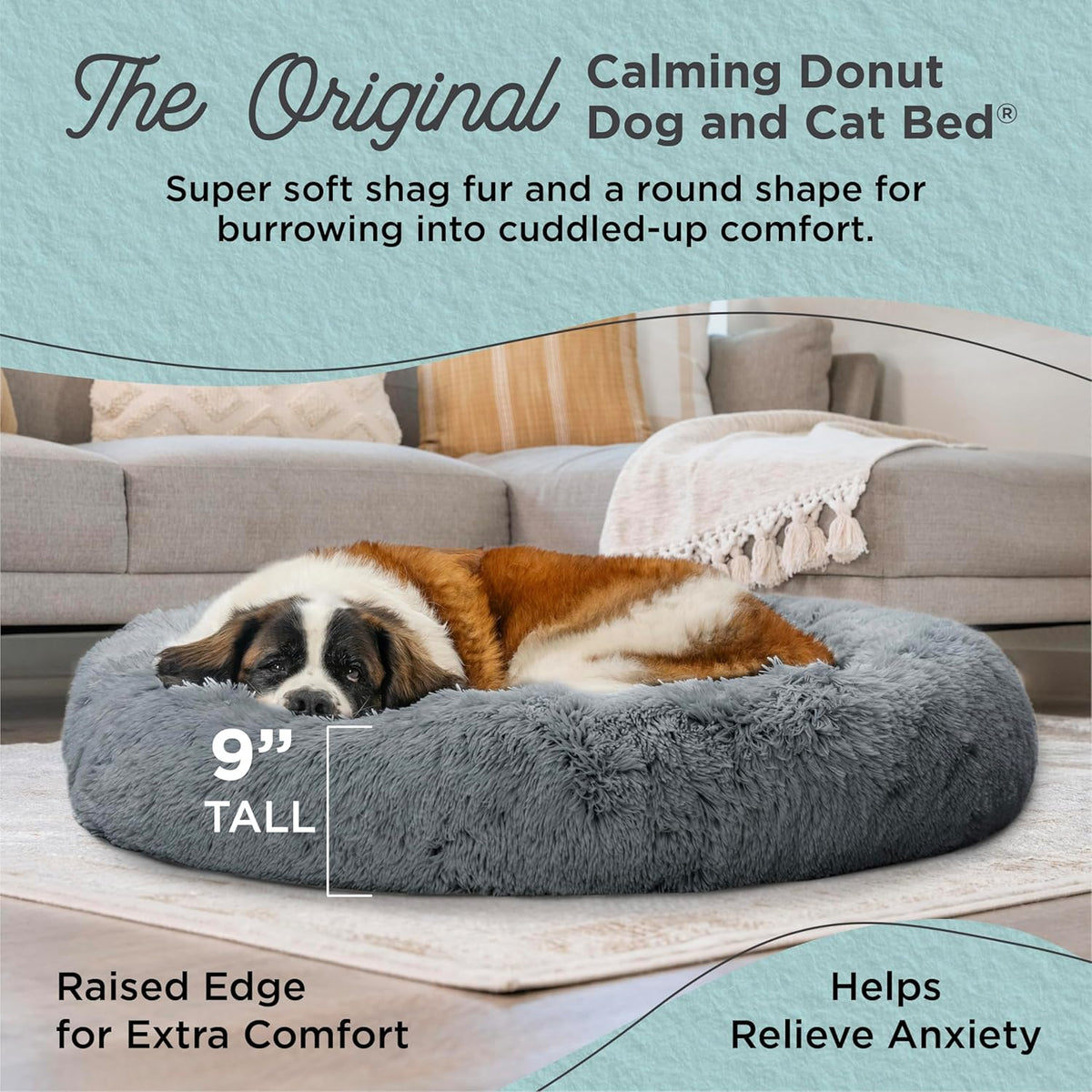 Best Friends by Sheri Original Calming Donut Dog and Cat Bed, Shag Faux Fur, Gray, XL (45in x 45in)