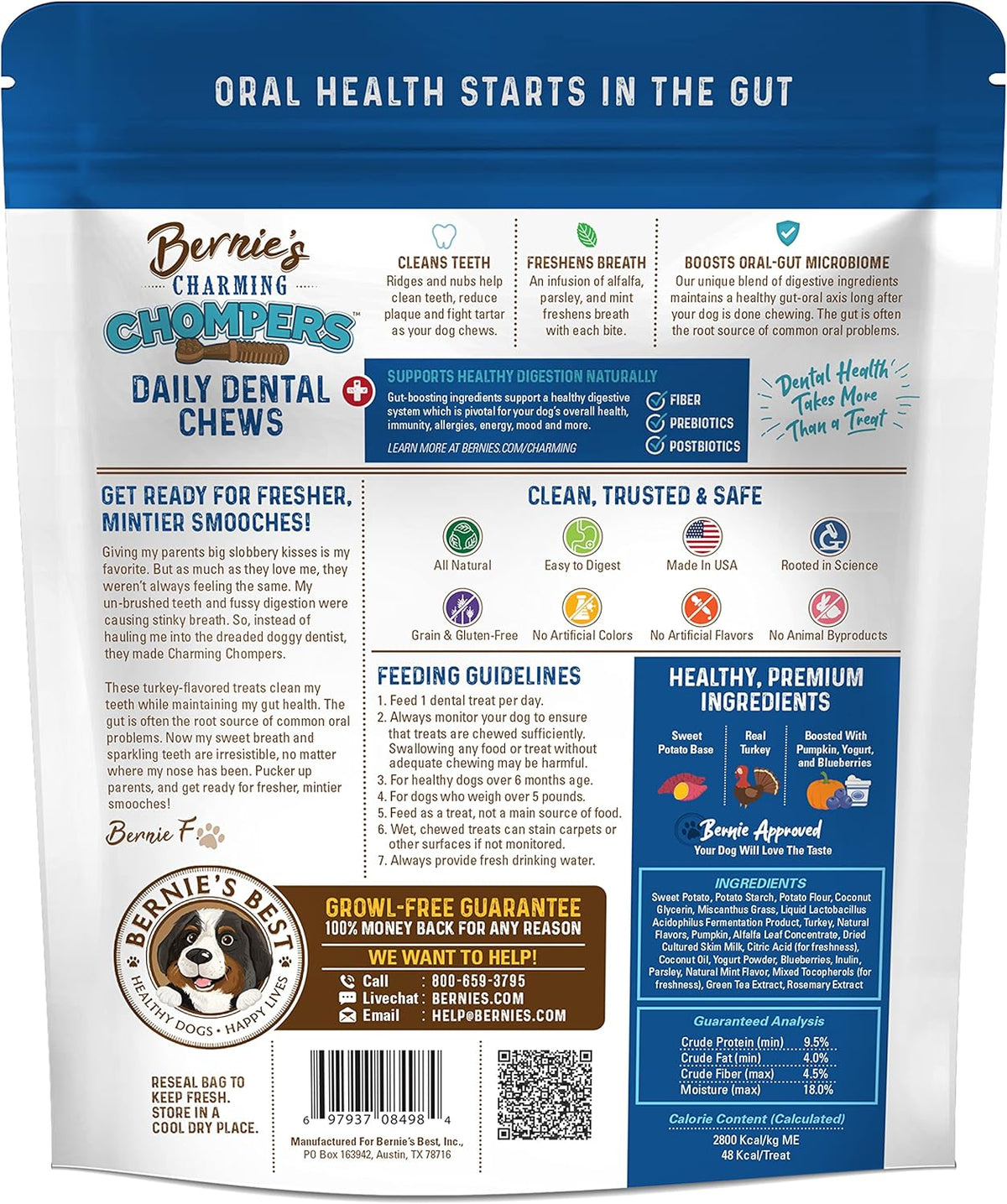 Bernie's Charming Chompers - Daily Dental Chews for Dogs 15-25 Lbs. - 30 Count - Cleans Teeth