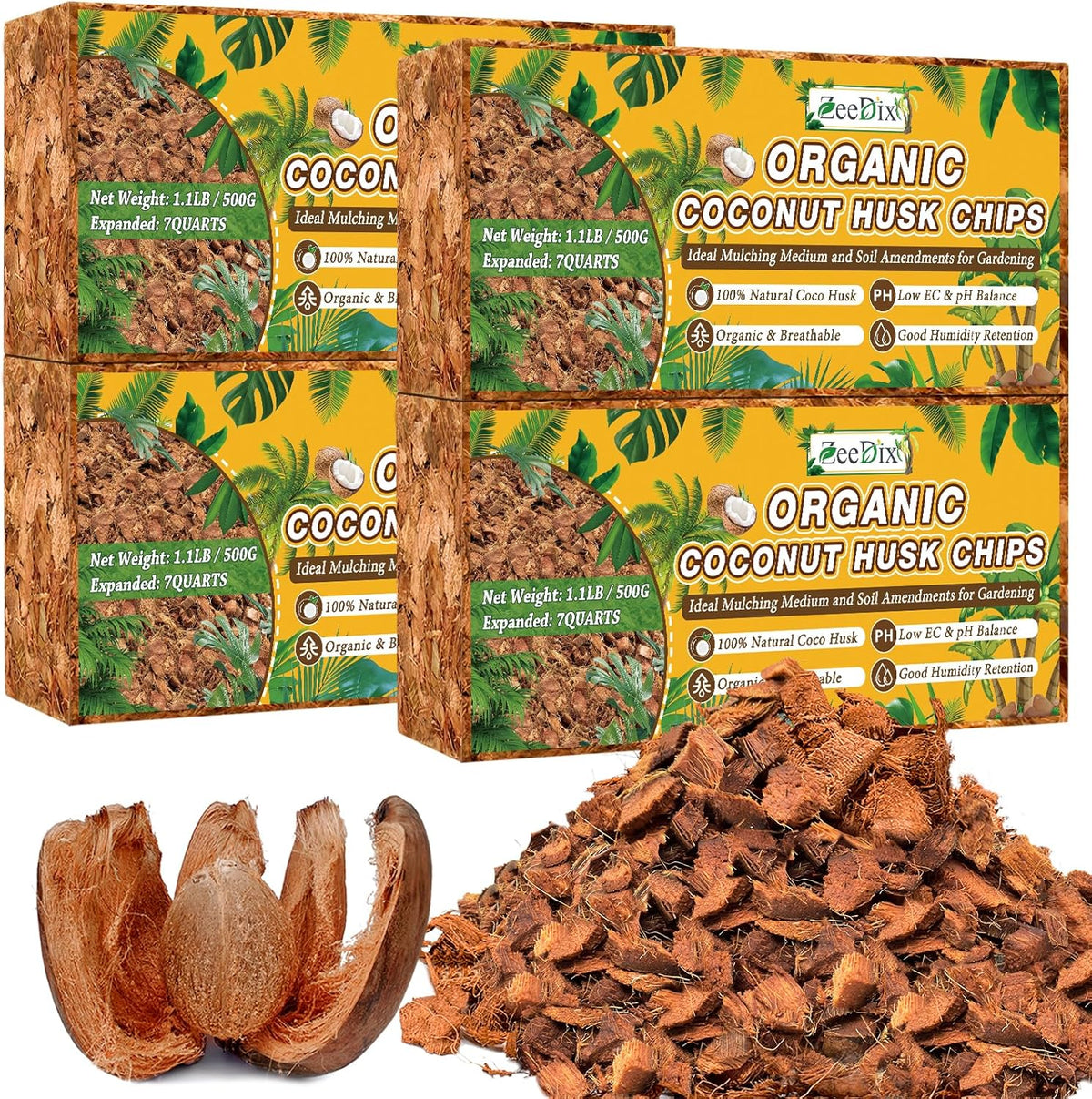 Zeedix 4 Pack Coco Husk Chips for Plants(4.4LB), 100% Organic Coconut Chips Mulch with Low EC & PH