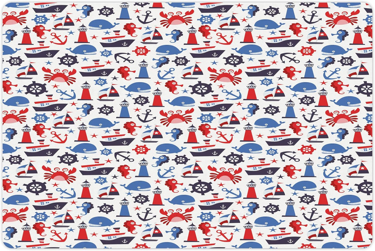 Lunarable Nautical Pet Mat for Food and Water, Steering Wheel Crab Cartoon Style Happy Fun Art