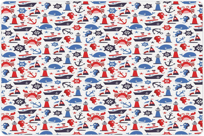 Lunarable Nautical Pet Mat for Food and Water, Steering Wheel Crab Cartoon Style Happy Fun Art