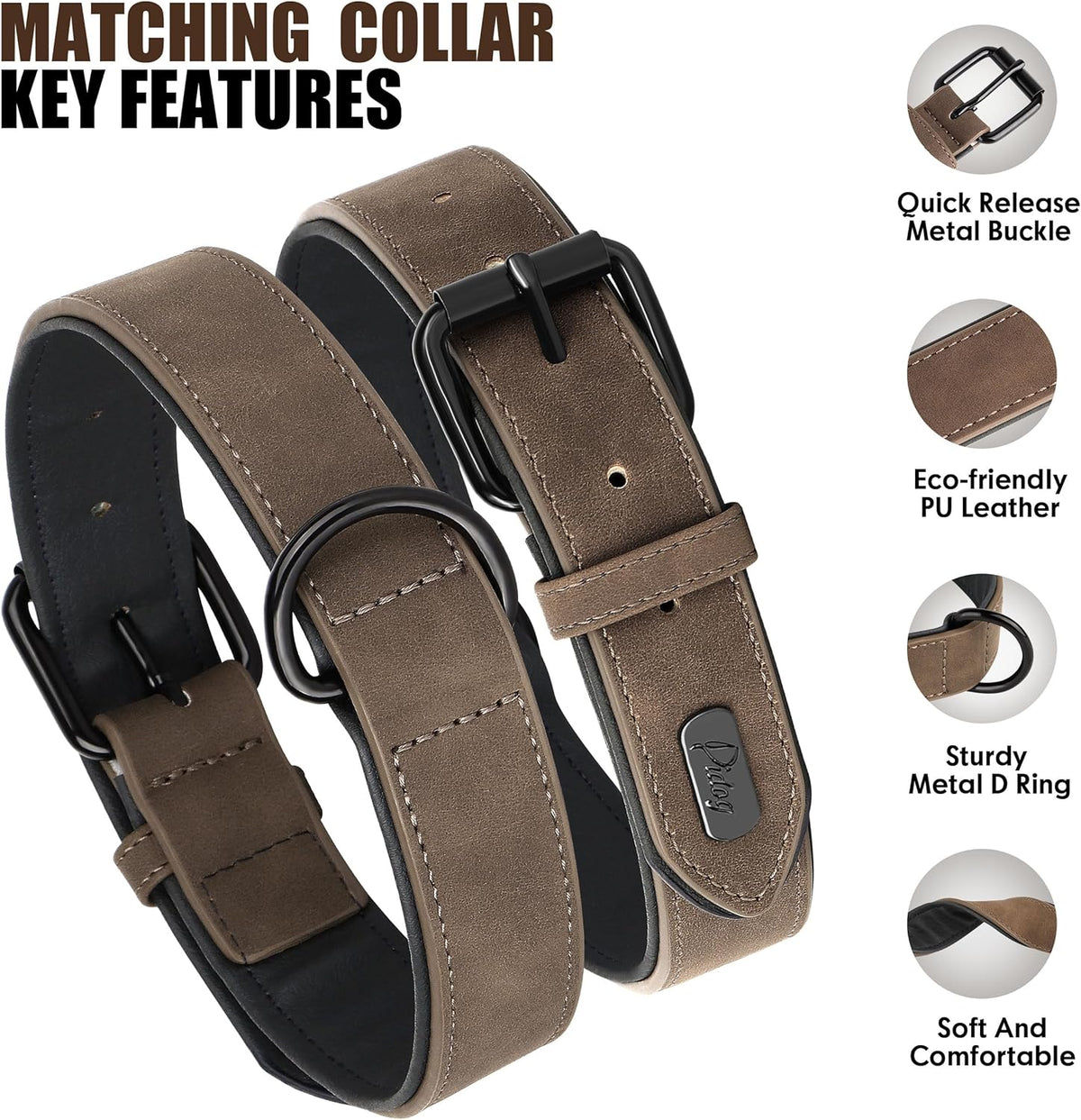 Didog Soft Padded Leather Dog Collar and Leash Set, Adjustable Dog Leash and Collar Set with Metal