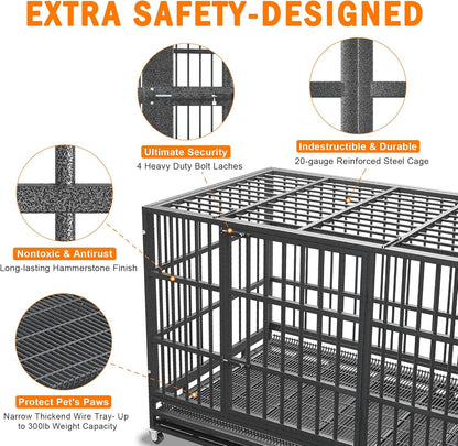 54/48/42/38 Inch Heavy Duty Dog Crate Cage with Wheels, Indestructible and Escape Proof Steel