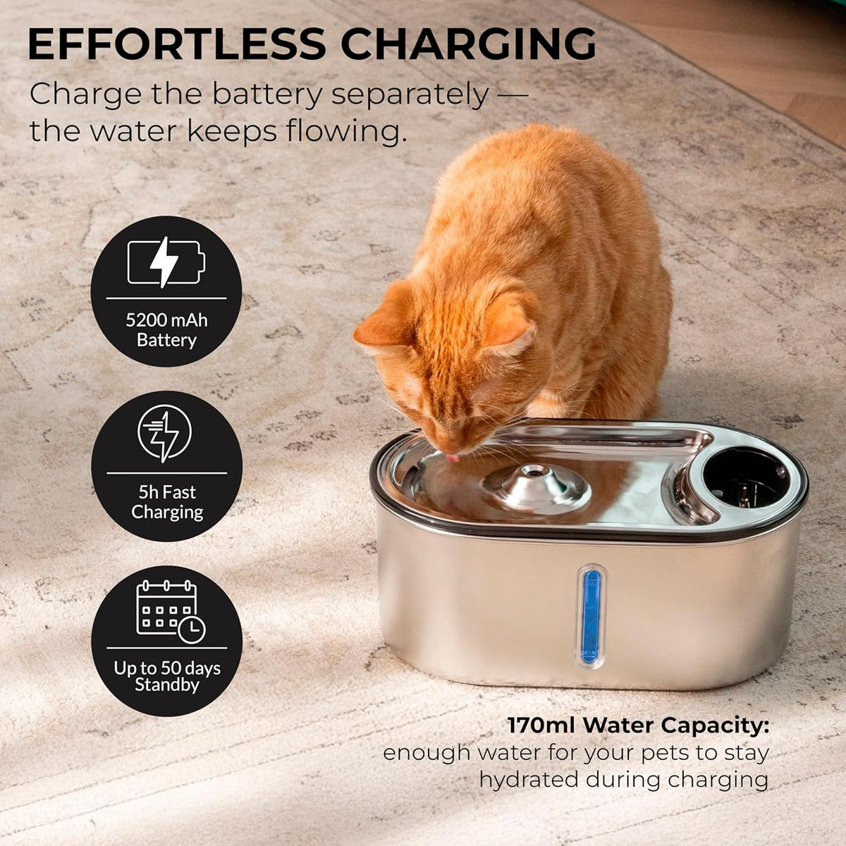 Wireless Cat Water Fountain Stainless Steel, 5200mAh Battery, Ultra Quiet, Automatic Pet Water