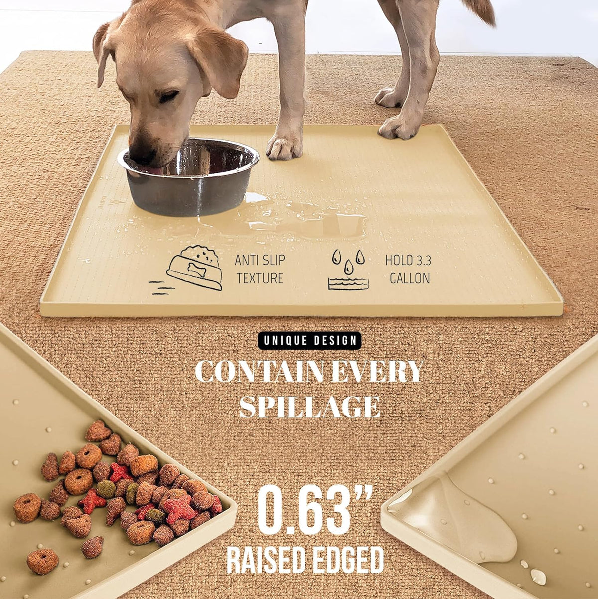 AVERYDAY 32x24'' Silicone Dog Mat for Food and Water, 0.63'' Edge Dog Food Bowl Mats for Floor