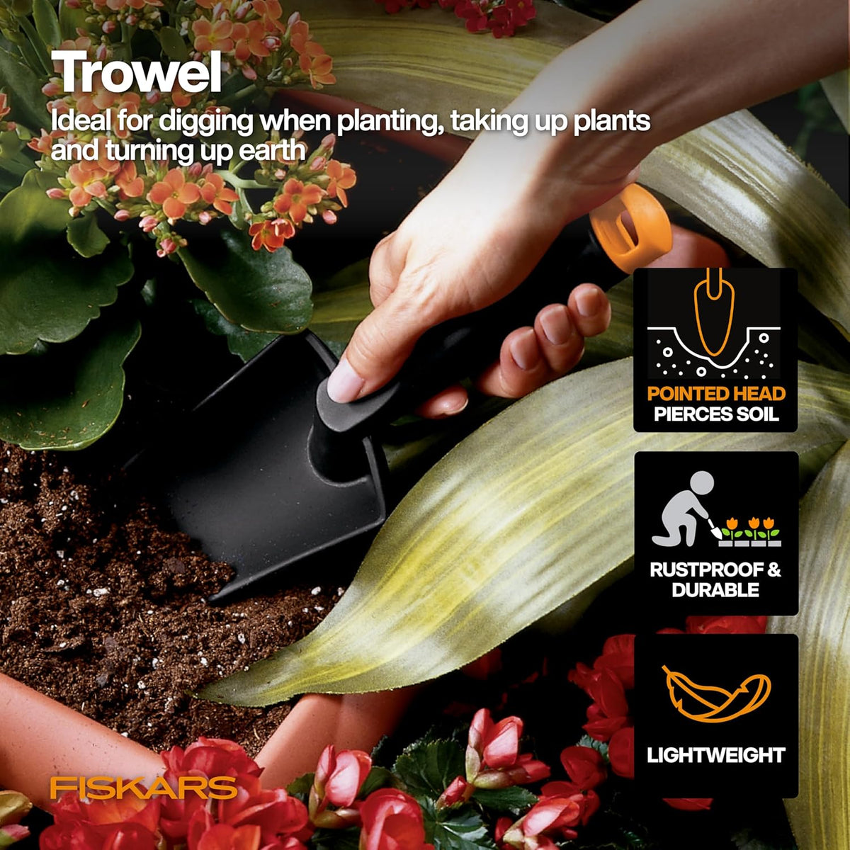 Fiskars Flower Gardening Tool Gift Set with Floral Pruner, Trowel, Cultivator, Garden Gloves, and