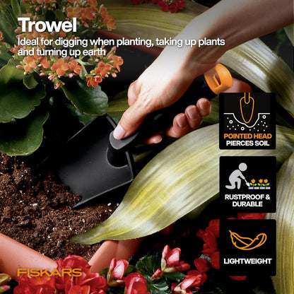 Fiskars Flower Gardening Tool Gift Set with Floral Pruner, Trowel, Cultivator, Garden Gloves, and