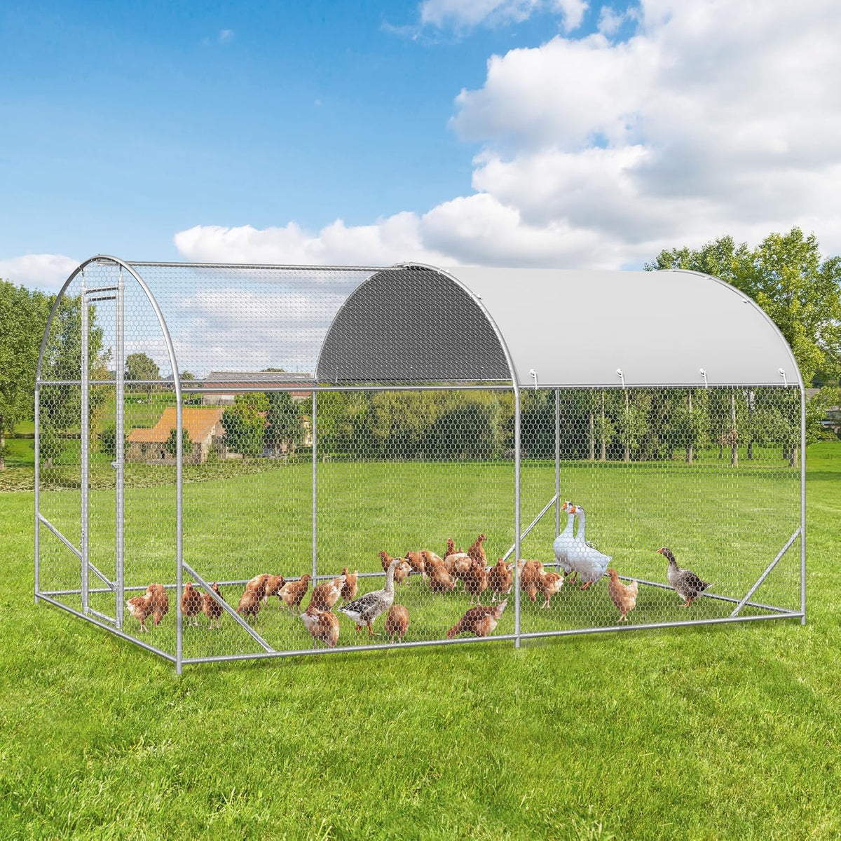 Large Metal Chicken Coop, Walk-in Chicken Run Pen with Waterproof Cover, Dome Roof Poultry Cage for